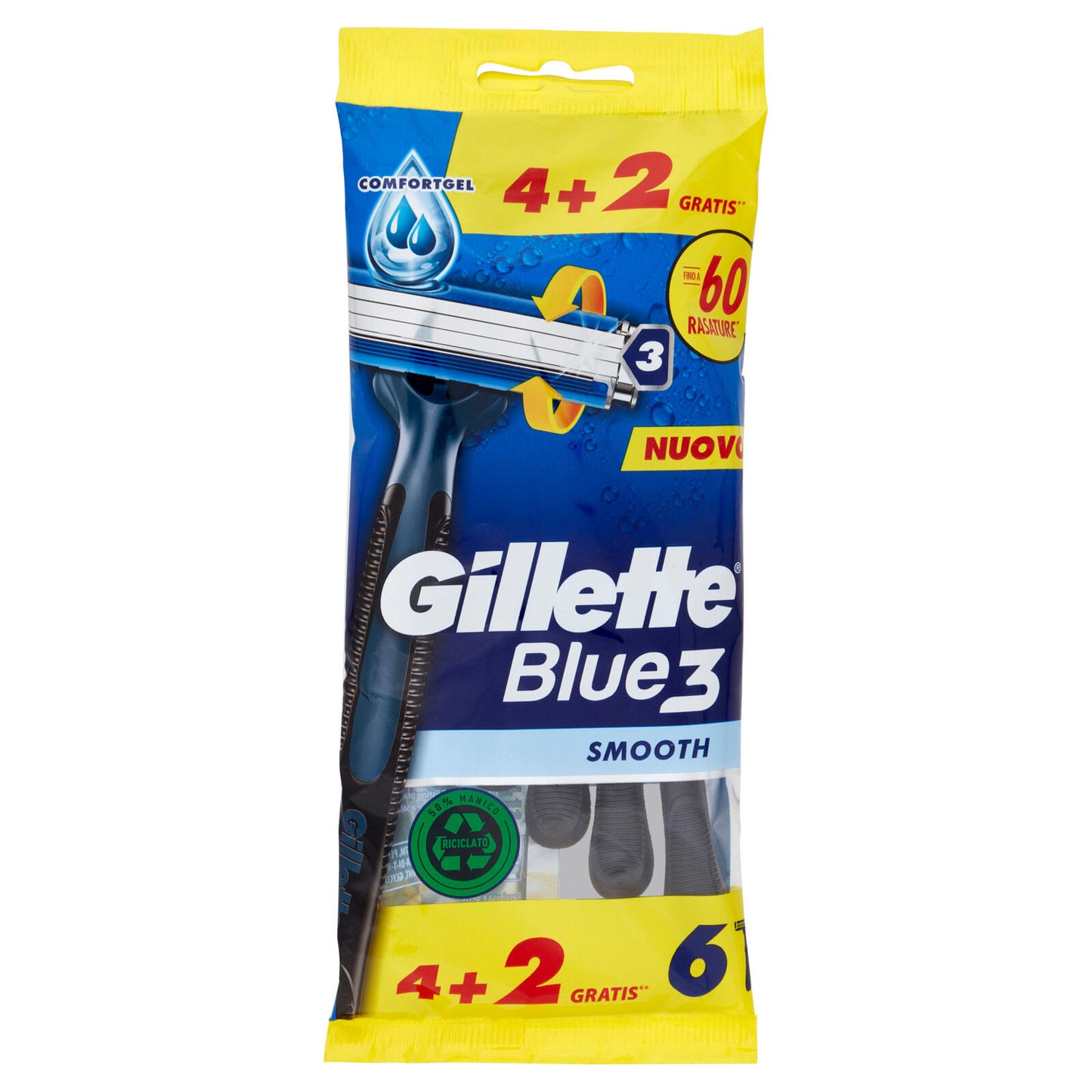 Gillette Rasoio Uomo Blue3 Smooth Usa e Getta a 3 Lame, Confezione da 4 rasoi+2 Gratis = 6 Rasoi (25530553)