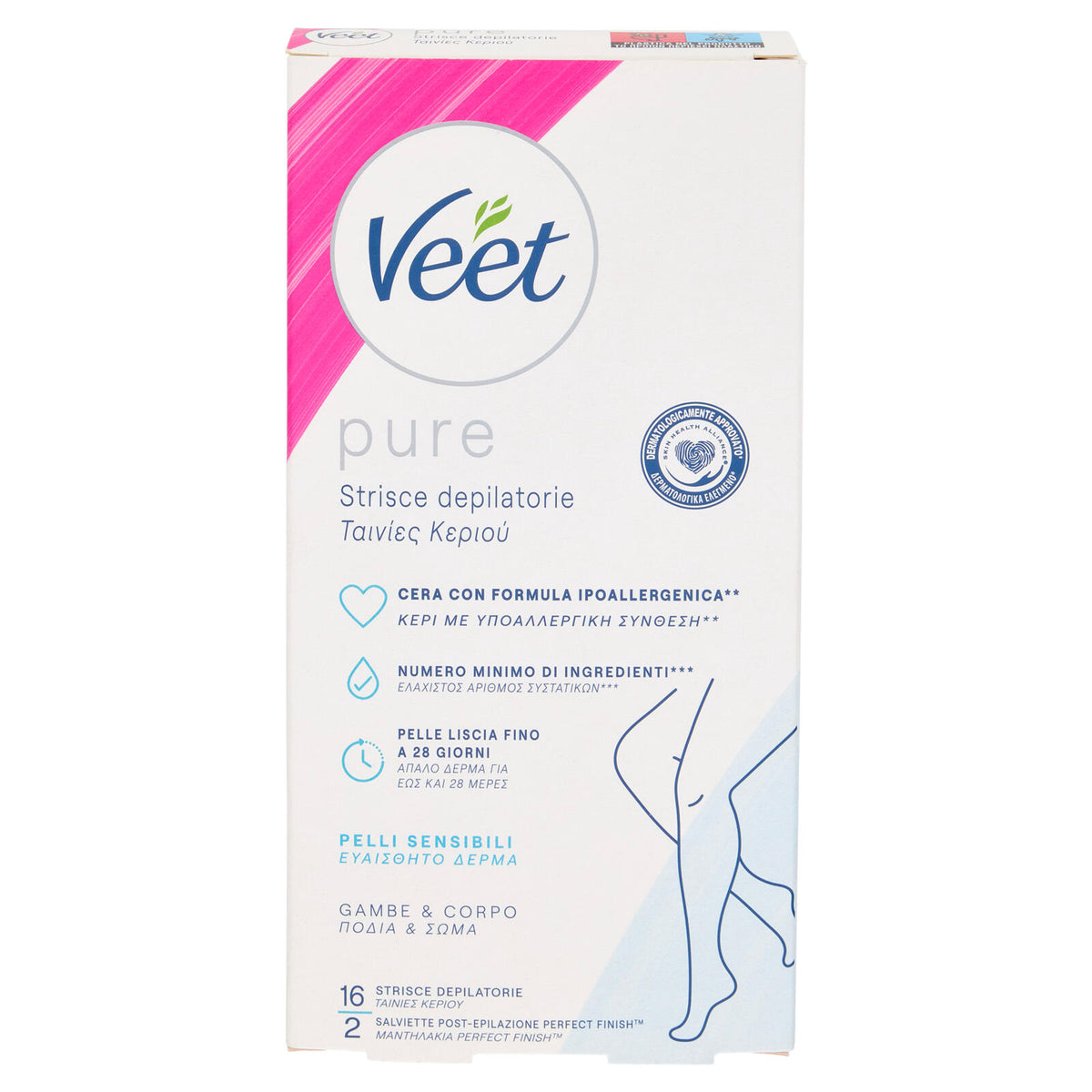 Veet Pure Strisce Depilatorie Corpo e Gambe, Ipoallergeniche, Confezione da 16 Strisce (25613334)