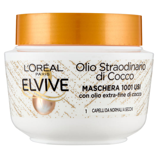 Elvive Olio Straordinario di Cocco Maschera 1001 Usi, per Capelli da Normali a Secchi, 300 ml (25526224)