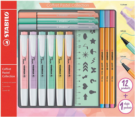 STABILO Pastel Collection Set – Confezione mista 13 pezzi: 6 swing cool pastel, 3 point 88, 3 pointMax, 1 righello stencil (25608153)