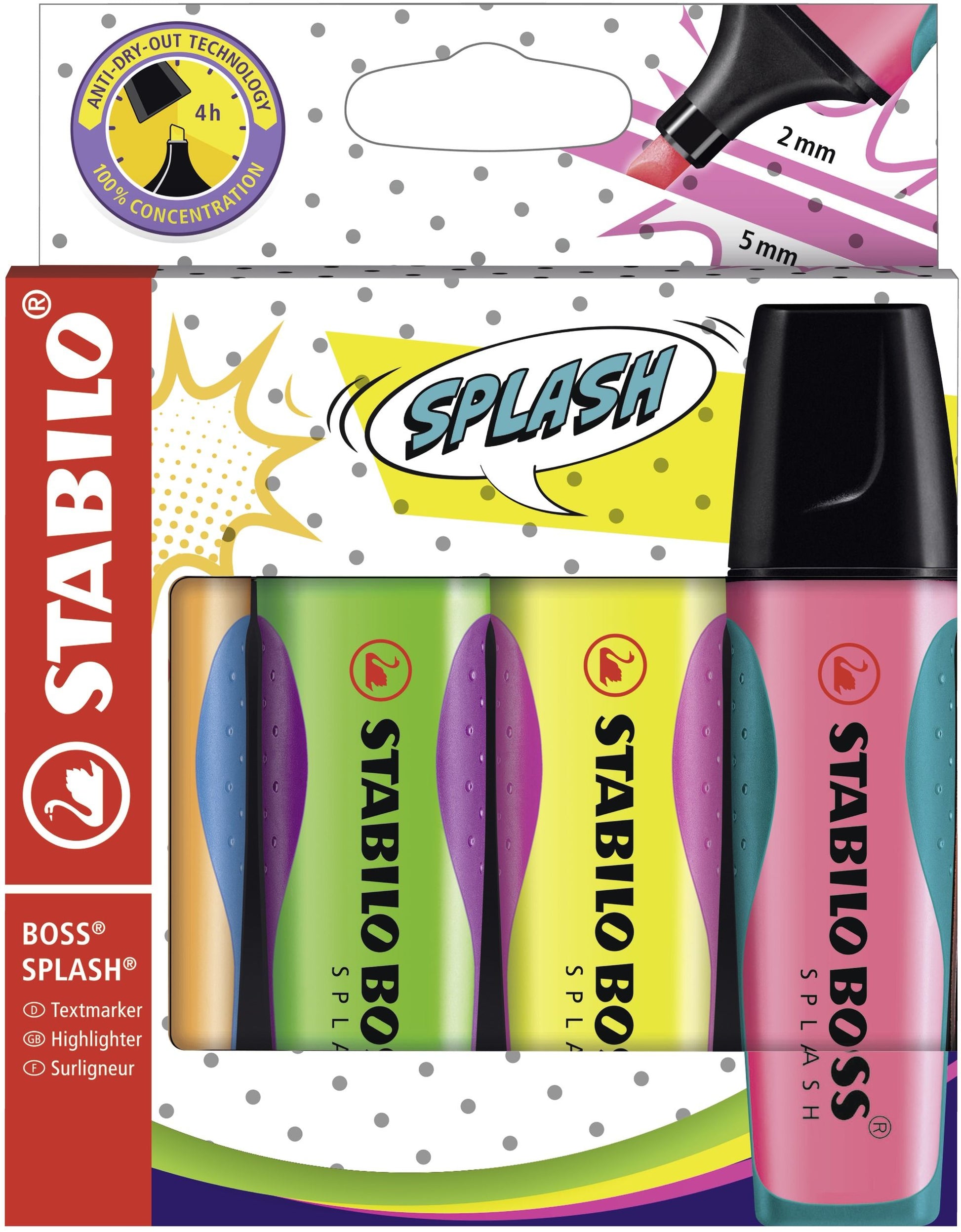 Evidenziatore - STABILO BOSS SPLASH - Astuccio da 4 - Arancione, Verde, Giallo, Rosa (25526857)