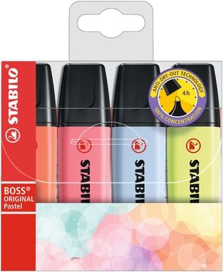 Evidenziatore - STABILO BOSS ORIGINAL Pastel - Astuccio da 4 - Rosso Corallo, Fior di Ciliegio, Azzurro Nuvola, Lime (25526731)