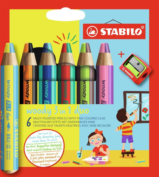 Matita colorata Multi-Funzione - STABILO woody 3 in 1 duo - Mina a 2 Colori - Astuccio da 6 - con Temperino - 6 Matitoni e 12 colori (25544779)