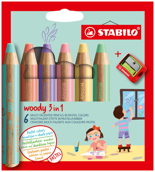 Matita colorata Multi-Funzione - STABILO woody 3 in 1 - Astuccio da 6 - con Temperino - Colori Pastello assortiti (25539478)