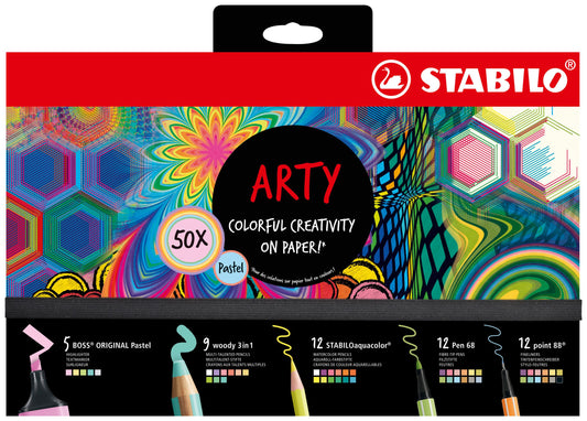 Set Creativo - STABILO ARTY Creative Set Pastel - Cofanetto da 50 - con 5 evidenziatori, 9 matitoni colorati Multi-Funzione, 12 matite colorate acquarellabili, 12 pennarelli premium, 12 fineliner (25593851)