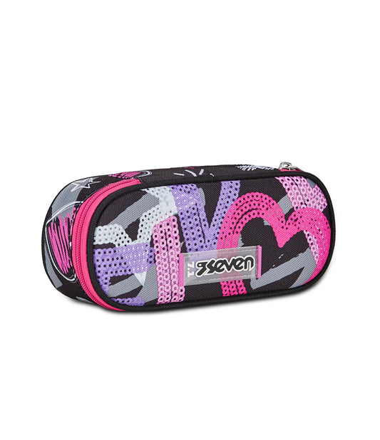 Seven Portapenne Scuola Round Plus, Nero Fucsia, Draft Heart, Bustina Ovale Con Tasca Interna ed Elastici Porta Penne, Accessori Zaino, Elementari, Medie, Superiori, Bambina Ragazza (25580590)