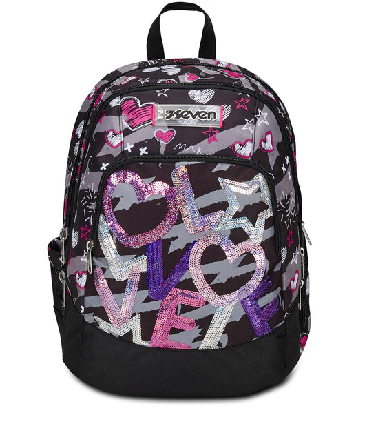 SEVEN Zaino Scuola Advanced, Nero Fucsia, Draft Heart, Zaino Doppio Scomparto Con Tasca Porta PC o Tablet, Tasca Porta Borraccia e Organizer, Zaino Scuole Medie e Superiori, Bambina Ragazza (25598822)