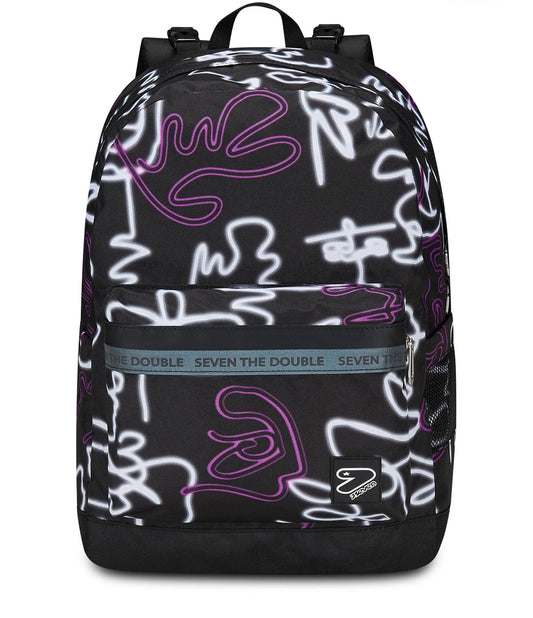 Seven Zaino Scuola Reversibile The Double, Nero Viola, Ledcontour, 2 in 1, Zaino Mono Scomparto Con Auricolari Earphones Wireless Led, Tasca Porta Borraccia e Markers, Zaino Medie e Superiori, Ragazza (25602330)